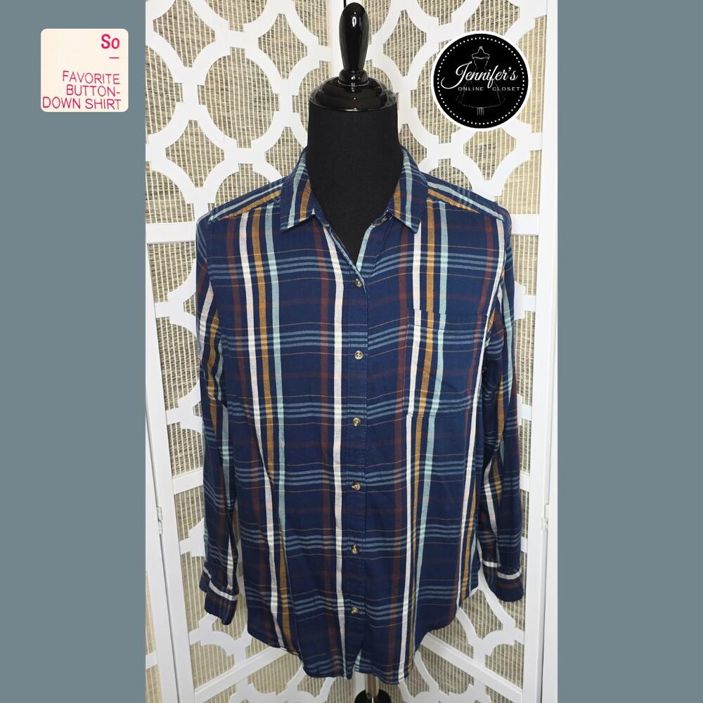 SO Men's Blue & Brown Plaid Collared Long Sleeve Shirt Size XL